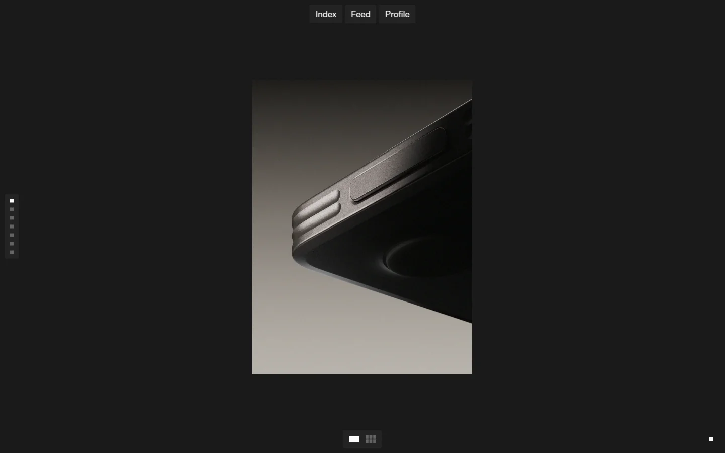 The desktop homepage for PostNew, Moving Image Design features a dark minimalist aesthetic with a centered navigation menu containing Index, Feed, and Profile. A large vertical hero image of a black object is centered on a dark background, followed by a grid of large, high-quality project case studies showcasing CGI and motion design work.