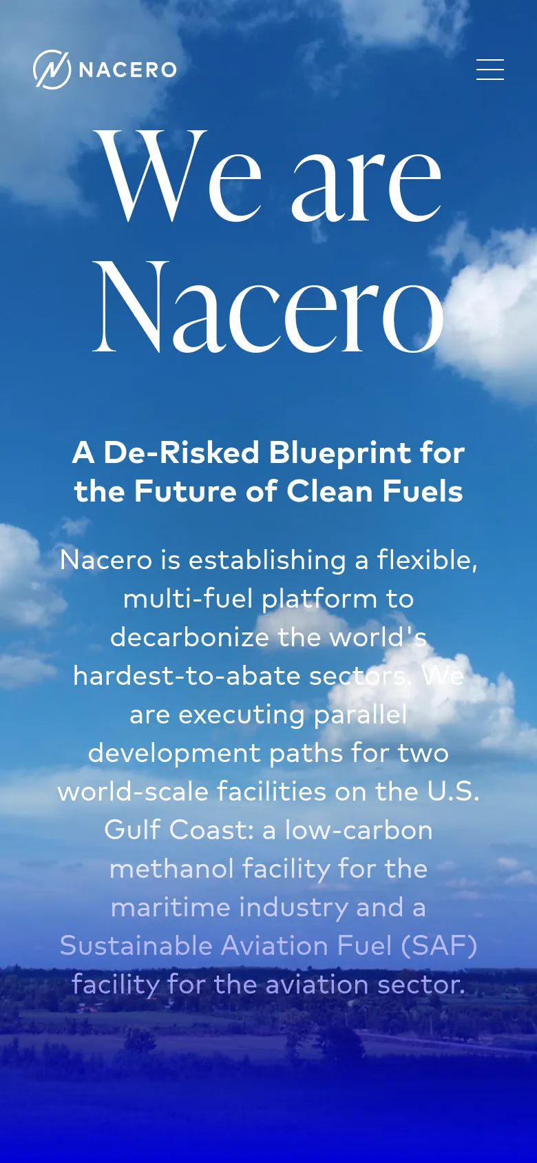 The mobile version shows the same blue sky hero image and white text, but the layout is vertically stacked to fit the narrow screen. The top navigation menu is replaced by a three-line hamburger icon in the upper right corner, and the text is centered and scaled for readability on a handheld device.
