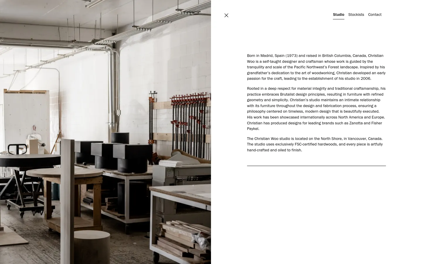 A split-screen desktop layout featuring a large, high-quality photograph of a bright, industrial woodworking studio on the left and a clean white section on the right. The right side contains biographical text about Christian Woo, with a minimalist navigation menu at the top right including links for Studio, Stockists, and Contact.