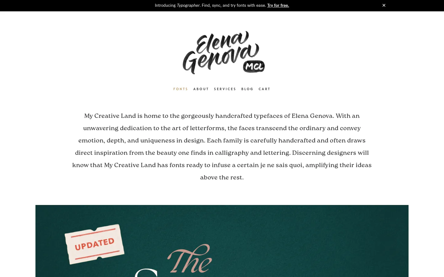 The desktop homepage features a centered logo for Elena Genova and a navigation menu with links for Fonts, About, Services, Blog, and Cart. Below the menu, a large text block introduces the handcrafted typefaces, followed by a featured section for 'The Seasons' font with a dark teal background and an 'Updated' sticker.