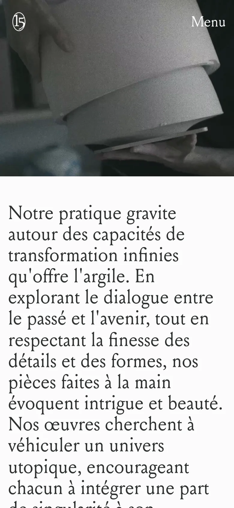 The mobile version uses a simplified vertical layout with a large hero image and a 'Menu' button in the top right. The text introduction and product collection grid are stacked vertically to fit the narrow screen, maintaining the clean, neutral color palette.