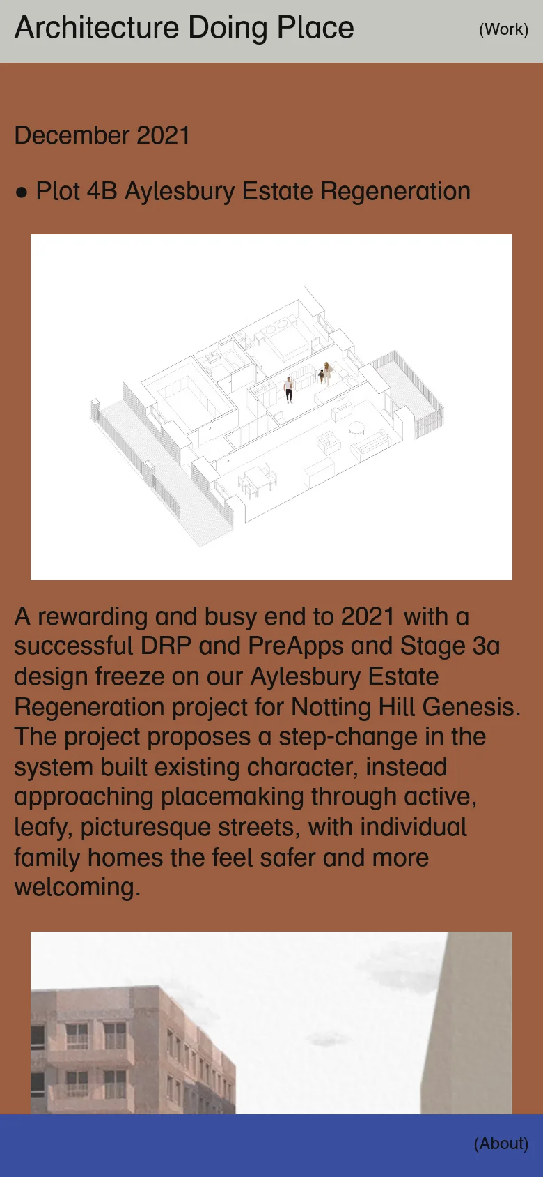 The mobile version presents a single-column vertical layout with a brown background and blue footer. The content includes the 'Plot 4B Aylesbury Estate Regeneration' headline, an isometric architectural drawing, and project text, with navigation links moved to the bottom or simplified.