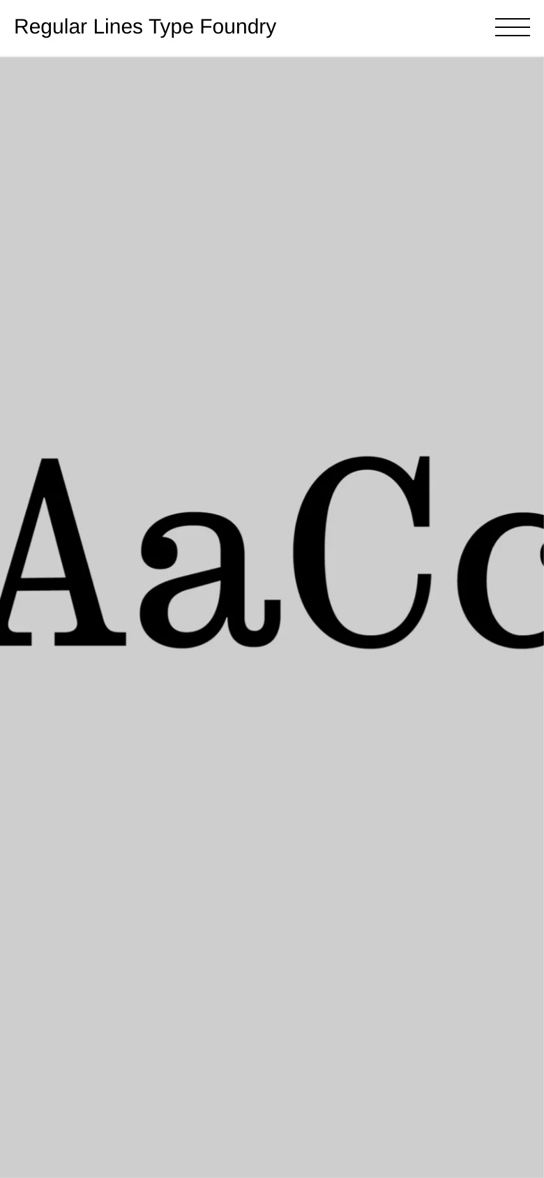 The mobile version maintains the minimalist black and white aesthetic but uses a condensed layout. The top navigation is replaced by a hamburger menu icon next to the brand name, and the hero typography is scaled to fit the narrower vertical screen.
