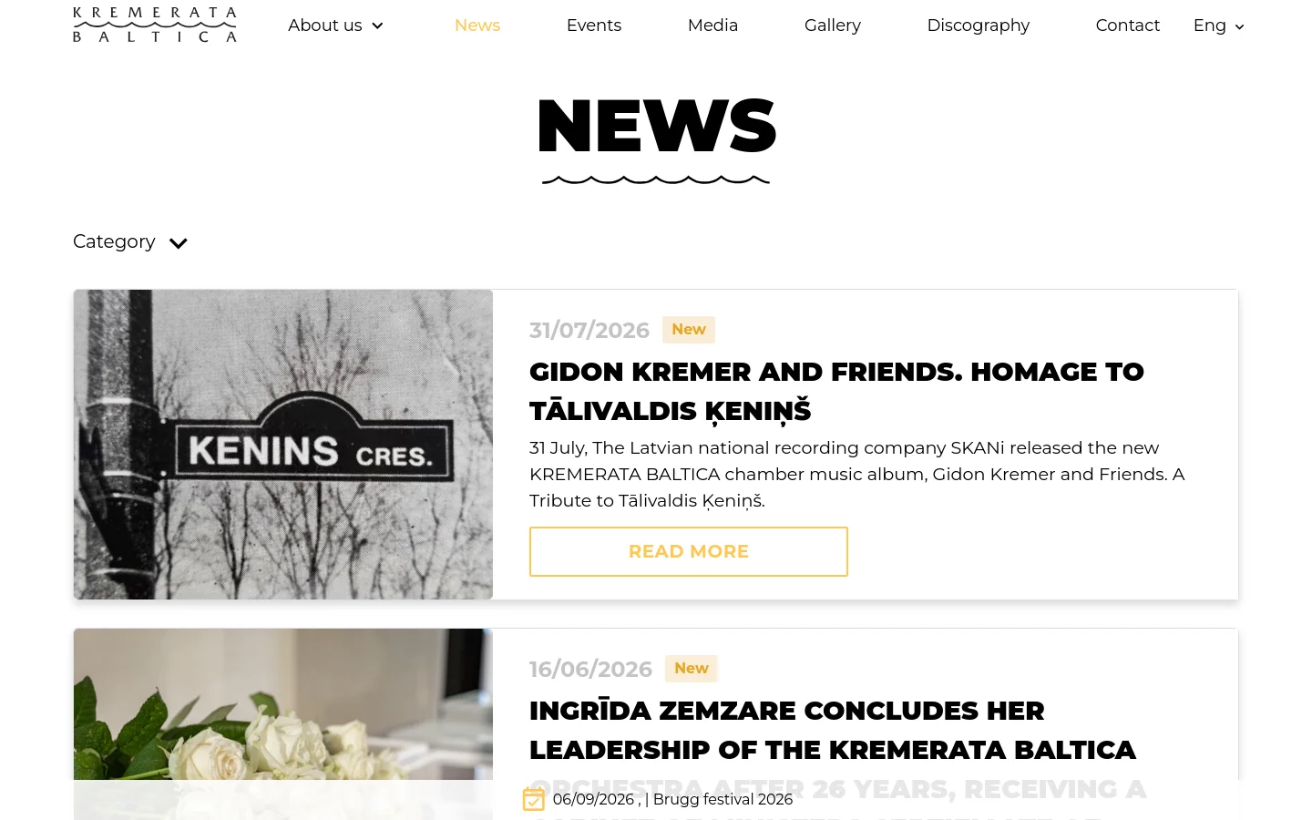 The News page features a clean white background with a large, stylized 'NEWS' heading underlined by a wavy black line. A category dropdown menu sits above a vertical feed of news articles, each consisting of a large rectangular image on the left and a text block on the right containing a date, a 'New' badge, a bold headline, a brief summary, and a 'Read More' button.