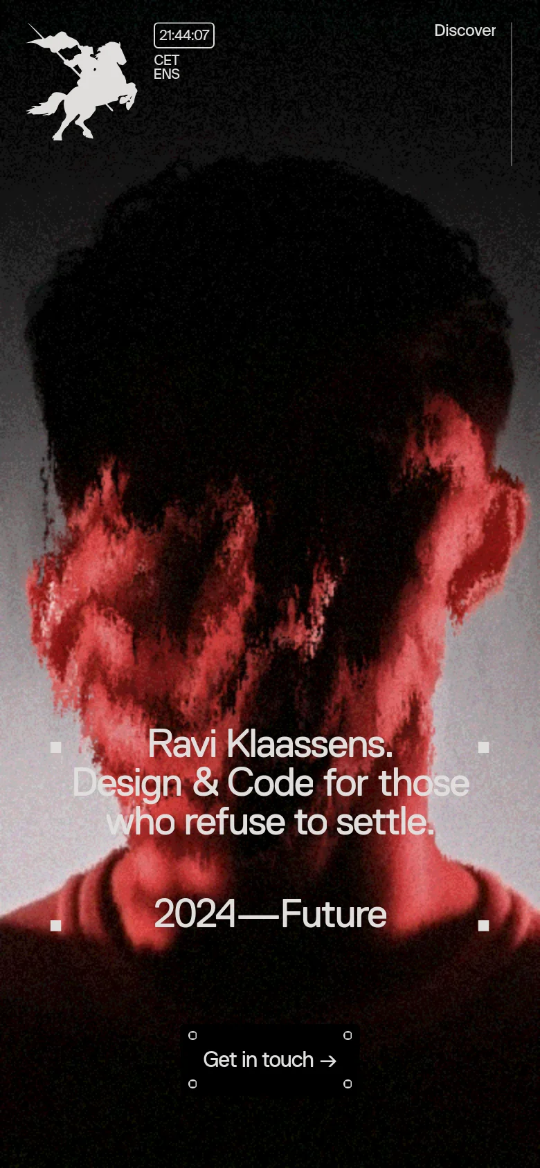 The mobile version maintains the dark, high-contrast aesthetic with a focus on large, centered typography over a grainy, red-tinted portrait background. The navigation is simplified, and the hero section prominently displays the headline 'Ravi Klaassens. Design & Code for those who refuse to settle' followed by '2024—Future' and a 'Get in touch' link.