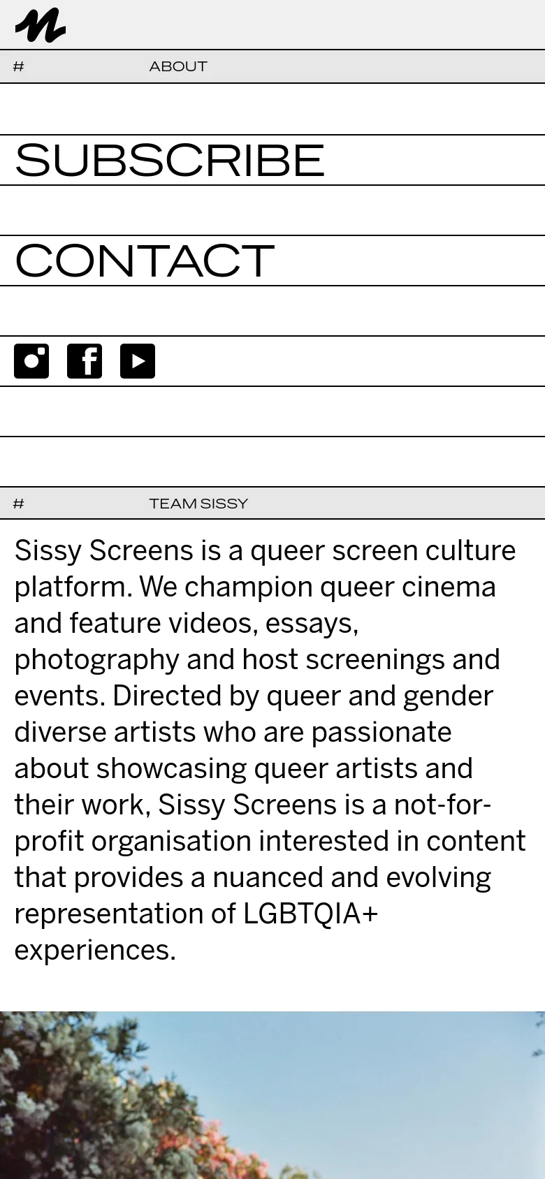The mobile version presents a single-column, vertically stacked layout optimized for small screens. The 'TEAM SISSY' headline and mission statement appear at the top, followed by large, easy-to-tap 'SUBSCRIBE' and 'CONTACT' sections and social media icons. The design maintains the high-contrast black and white aesthetic but removes the side-by-side desktop elements.