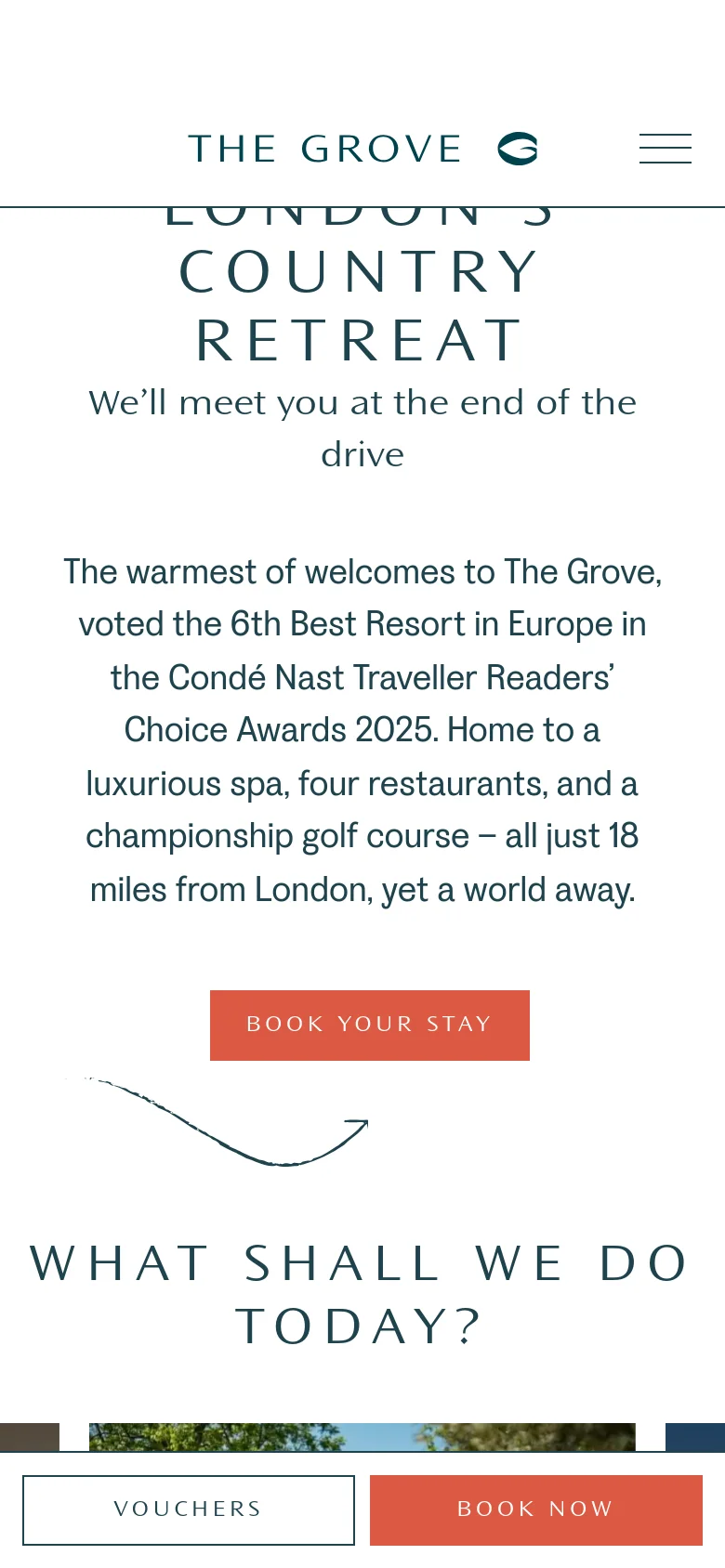 The mobile version uses a vertically stacked layout optimized for smaller screens. The header is condensed with a hamburger menu, and the hero text and 'Book Your Stay' button are centered. A sticky bottom navigation bar provides quick access to 'Vouchers' and 'Book Now' buttons, while the image carousel below is scaled to fit the width of the phone.
