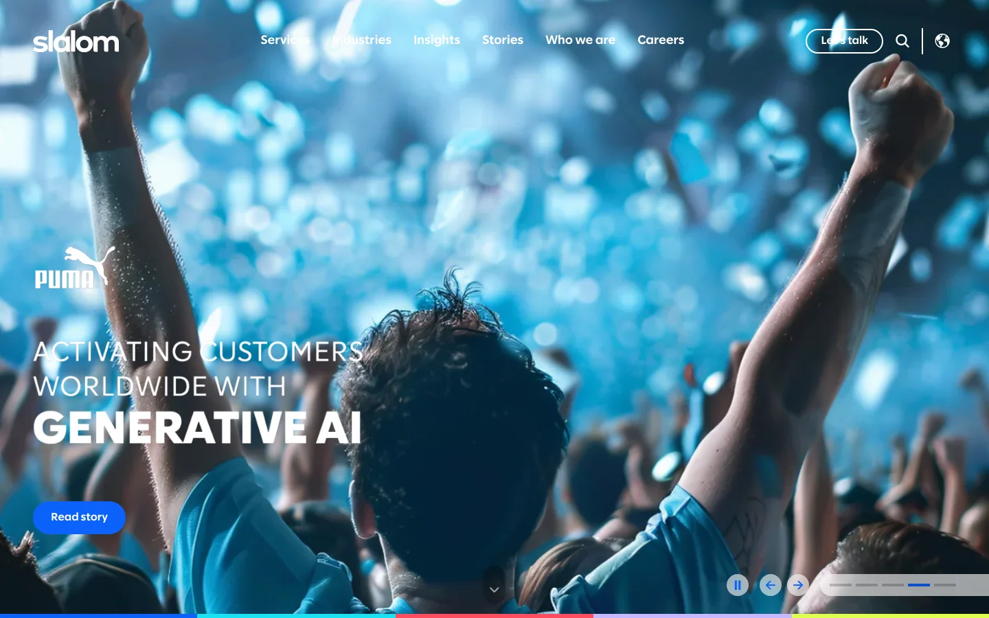 The Slalom homepage features a large hero image of a person with arms raised in a crowd, overlaid with the text 'ACTIVATING CUSTOMERS WORLDWIDE WITH GENERATIVE AI' and a blue 'Read story' button. The top navigation bar includes the Slalom logo, links for Services, Industries, Insights, Stories, Who we are, and Careers, alongside a 'Let's talk' button and a search icon. The color palette is dominated by cool blues and whites.