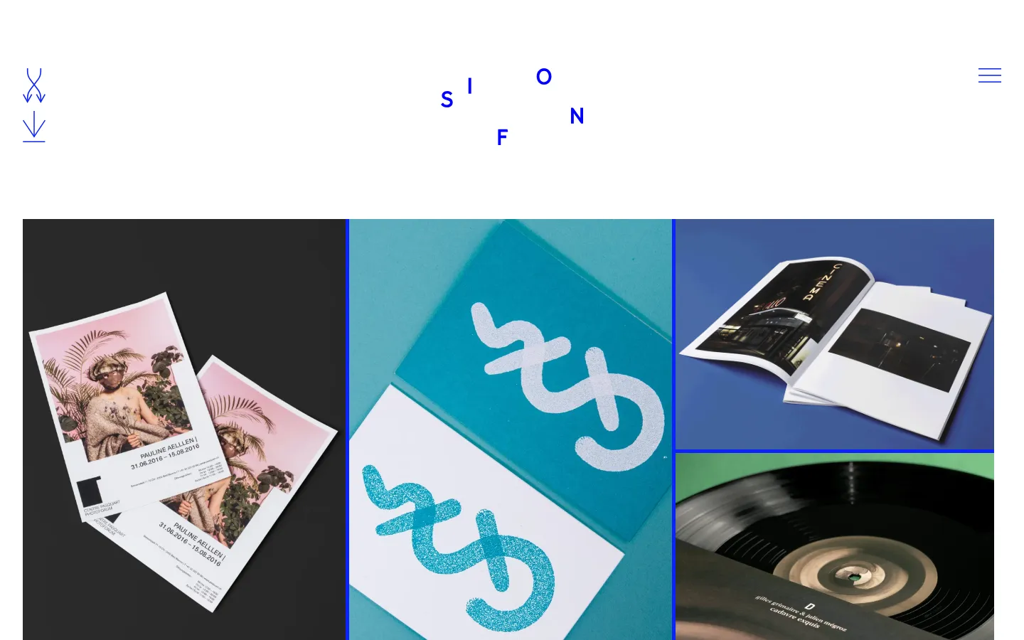 The Projects page features a minimalist white background with the blue 'SIFON' logo centered in a scattered layout. Below the header, a grid of large, colorful project preview images displays various graphic design works, including posters, books, and vinyl records. The desktop layout uses a multi-column grid for the image gallery.