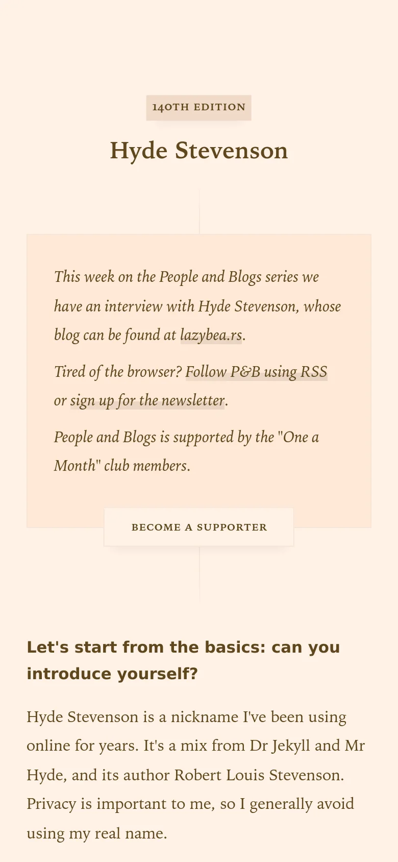 The mobile version maintains the minimalist cream and beige color scheme but shifts to a single-column vertical layout. The text and call-out box are narrower to fit the screen, and the 'BECOME A SUPPORTER' button is centered below the introductory paragraph, ensuring readability on a small device.
