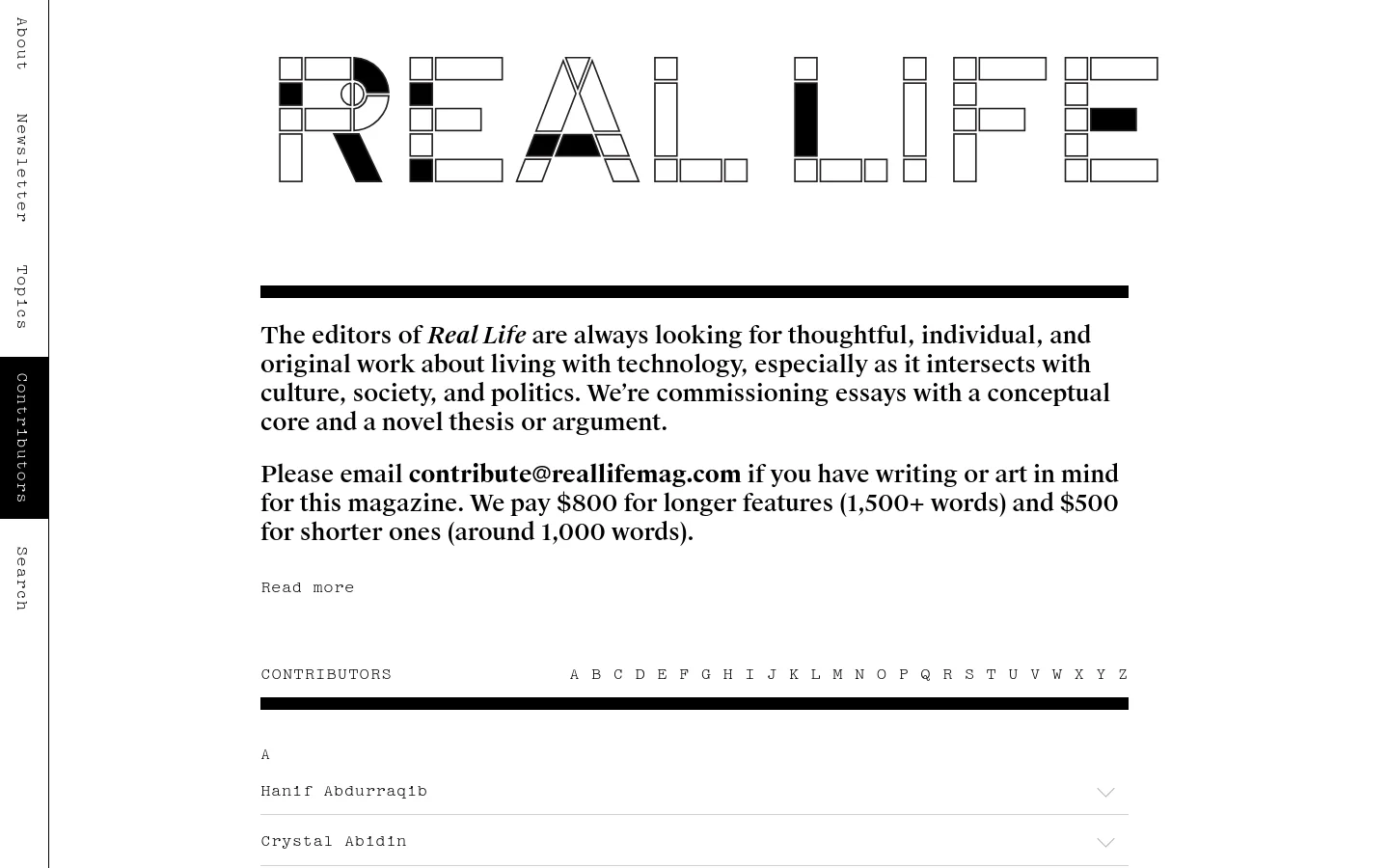 The Contributors page features a minimalist design with a large, stylized 'REAL LIFE' logo in black and white geometric blocks. A text section outlines submission guidelines and payment rates, followed by an alphabetical navigation bar for finding contributors. The layout uses ample white space and black serif typography on a white background.