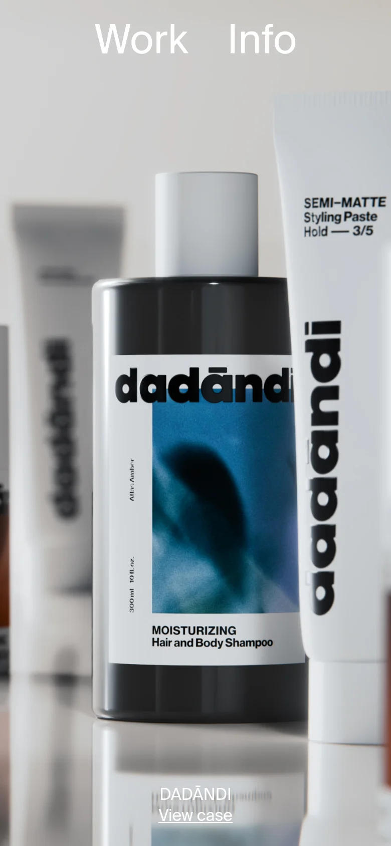 The mobile version displays a vertically oriented, zoomed-in view of the Dadāndi product packaging. The navigation links 'Work' and 'Info' are prominently centered at the top, while the project title 'DADĀNDI' and 'View case' link are positioned at the bottom of the screen.