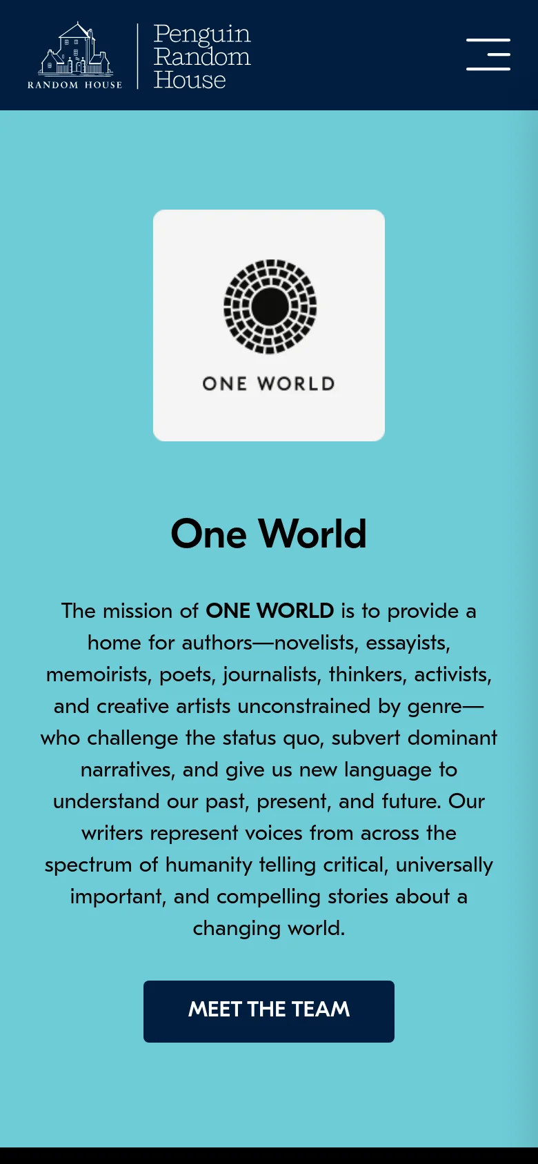 The mobile version presents a simplified vertical layout with the light blue hero section at the top, containing the logo, mission text, and 'Meet the Team' button. The navigation menu is condensed into a hamburger icon, and the content stacks vertically for easier scrolling on small screens.