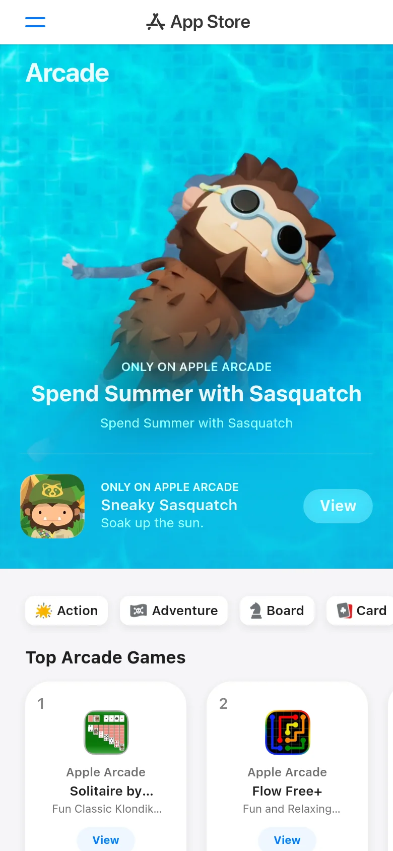 The mobile version presents a simplified, vertically stacked layout starting with a large hero image of Sasquatch in a pool. The sidebar navigation is replaced by a top header with a menu icon and the App Store logo. Genre buttons and the 'Top Arcade Games' grid are scaled for vertical scrolling, with game cards appearing in a single-column format.