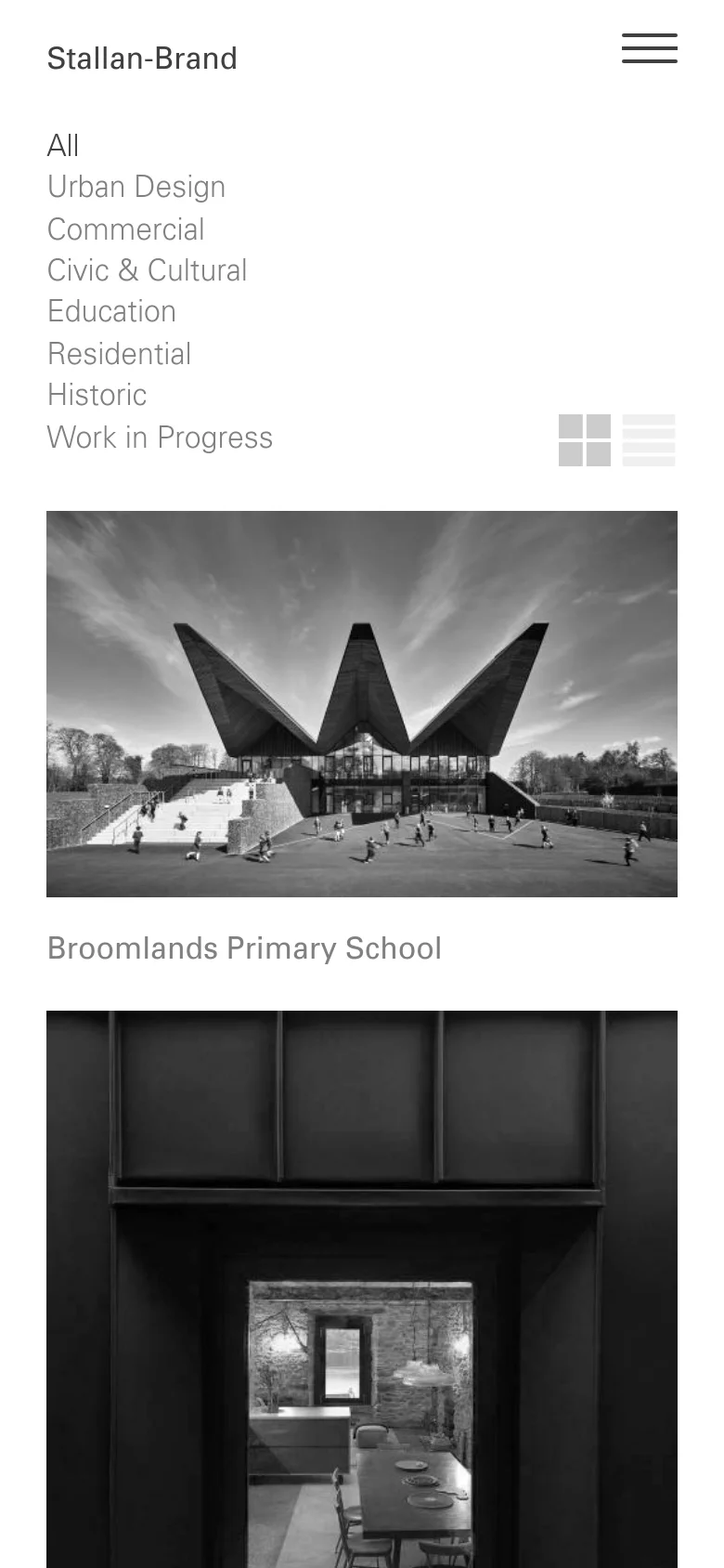 The mobile version reorganizes the layout into a single-column vertical scroll. The sidebar menu moves to the top as a list of text links, and the project grid transitions to large, full-width black and white images stacked vertically. The header contains the brand name and a hamburger menu icon for navigation.