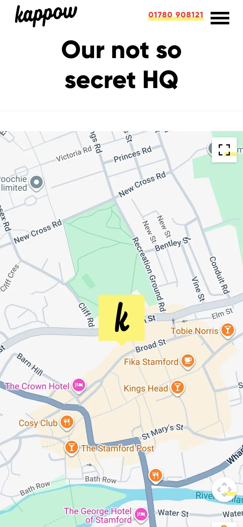 The mobile version displays a simplified header with the Kappow logo, a phone number, and a hamburger menu icon. The headline 'Our not so secret HQ' is centered and prominent above a full-width interactive map of the Stamford area.