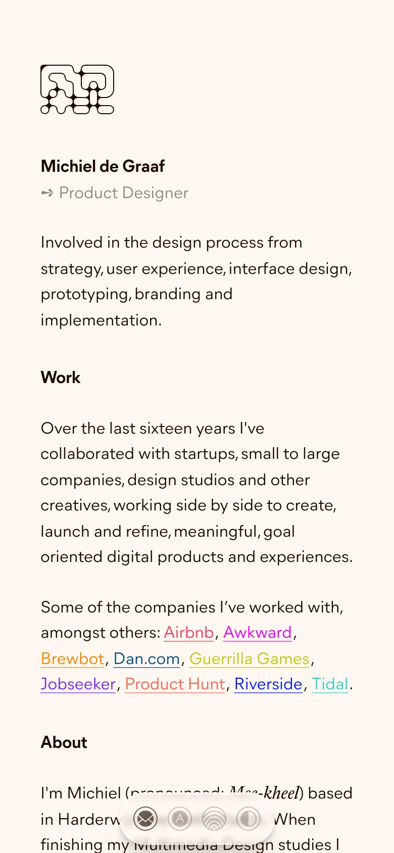 The mobile version maintains the minimalist white and black aesthetic but uses a single-column layout for easier scrolling. The text is centered or left-aligned to fit the narrow screen, and the large headings are scaled down to fit the viewport width.