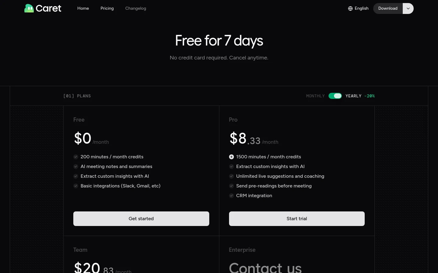 The desktop pricing page features a dark theme with a large headline stating 'Free for 7 days' and a toggle to switch between monthly and yearly billing. Four pricing cards—Free, Pro, Team, and Enterprise—are arranged in a grid layout, each listing specific features and a primary call-to-action button. Below the plans, an FAQ section is listed with several expandable questions.