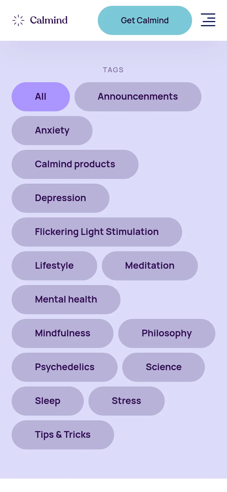 The mobile version presents a simplified vertical layout with a hamburger menu icon and a 'Get Calmind' button in the header. The 'TAGS' section consists of a dense, stacked grid of large, rounded purple buttons for easy tapping. The overall color scheme remains a soft lavender and white, optimized for a single-column scrolling experience.