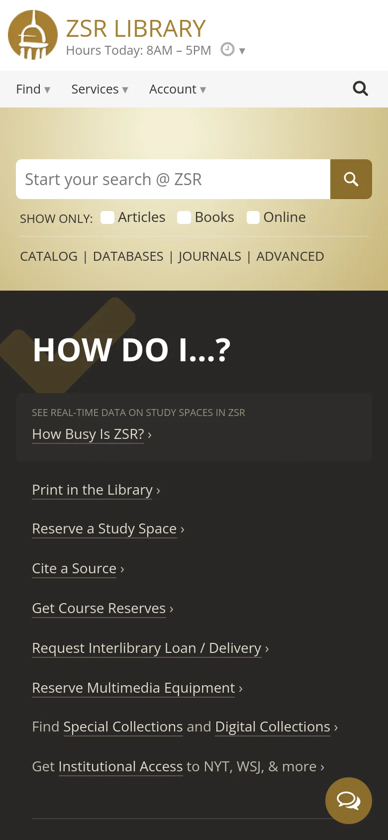 The mobile version presents a simplified vertical layout with the ZSR Library logo and a condensed navigation menu at the top. The search bar remains prominent in a tan section, followed by a single-column stack of the 'How Do I...?' service links and news items. The multi-column desktop layout is replaced by a long, scrollable list of links and information.
