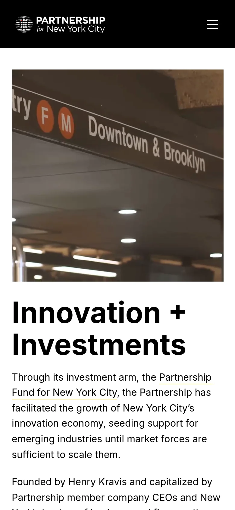 The mobile version uses a vertical layout with a large hero image of a subway sign reading 'Downtown & Brooklyn' at the top. Below the image, the 'Innovation + Investments' headline and introductory text span the width of the screen, and the navigation is condensed into a hamburger menu icon.