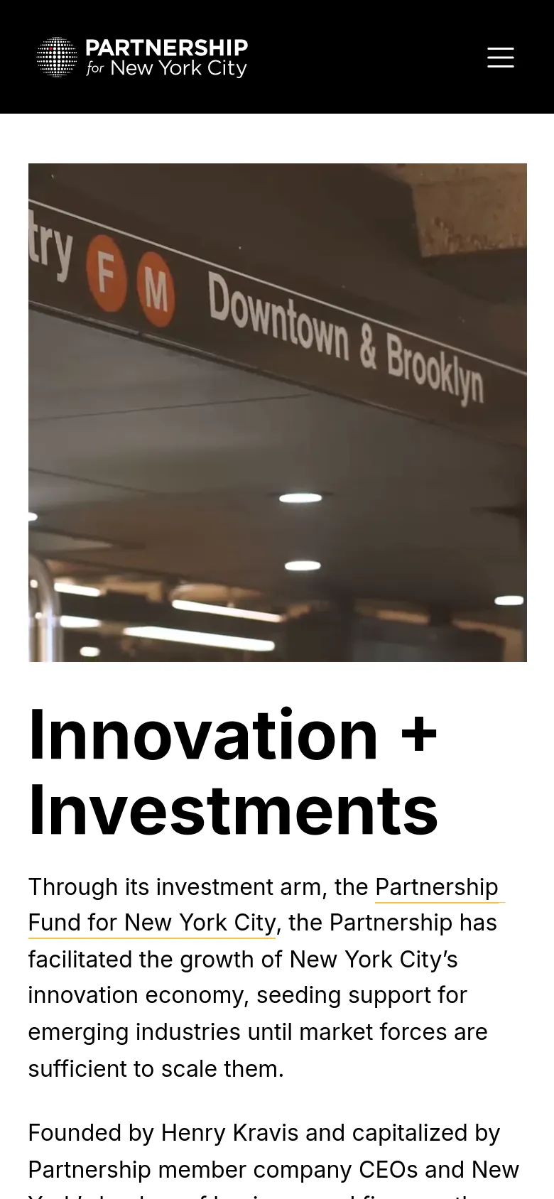 The mobile version uses a vertical layout with a large hero image of a subway sign reading 'Downtown & Brooklyn' at the top. Below the image, the 'Innovation + Investments' headline and introductory text span the width of the screen, and the navigation is condensed into a hamburger menu icon.