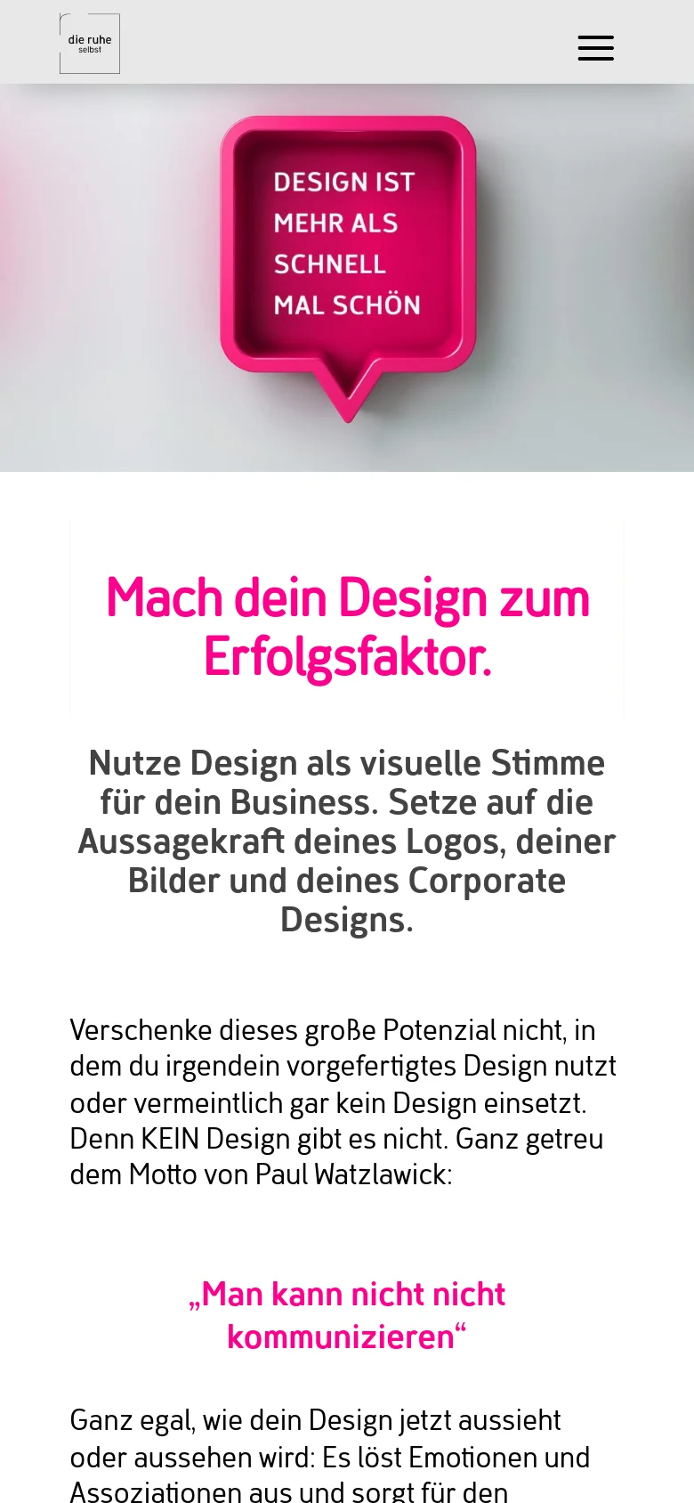 Mobile version of the 'Angebot' page with a simplified layout. The navigation is condensed into a hamburger menu icon at the top right, and the hero section features the same pink 3D speech bubble centered above the main pink headline and body text, which is stacked vertically for readability.