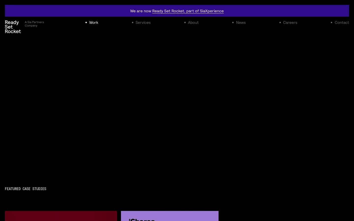 The Work page features a dark theme with white text and a hero section titled 'Seamlessly Integrating Since 2009' above a video reel button. Below, 'Featured Case Studies' are displayed in large rectangular cards, followed by a grid of 'All Case Studies' showing various brand logos and project descriptions.