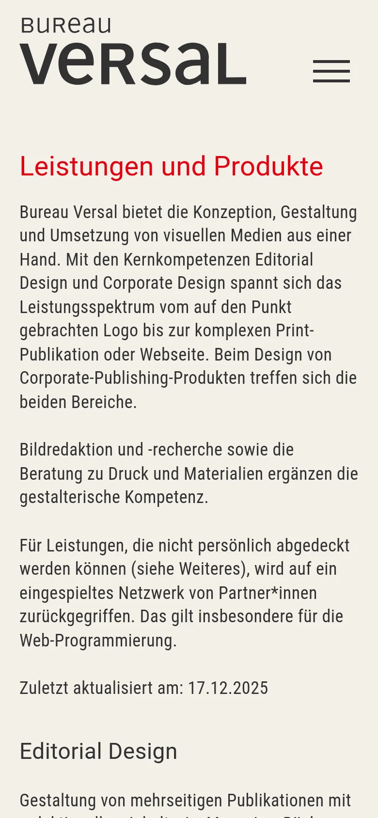The mobile version simplifies the layout into a single vertical column. The navigation menu is replaced by a black hamburger icon on the right, and the 'Bureau Versal' logo is centered at the top. The red headline and text content span the full width of the screen for easier scrolling.