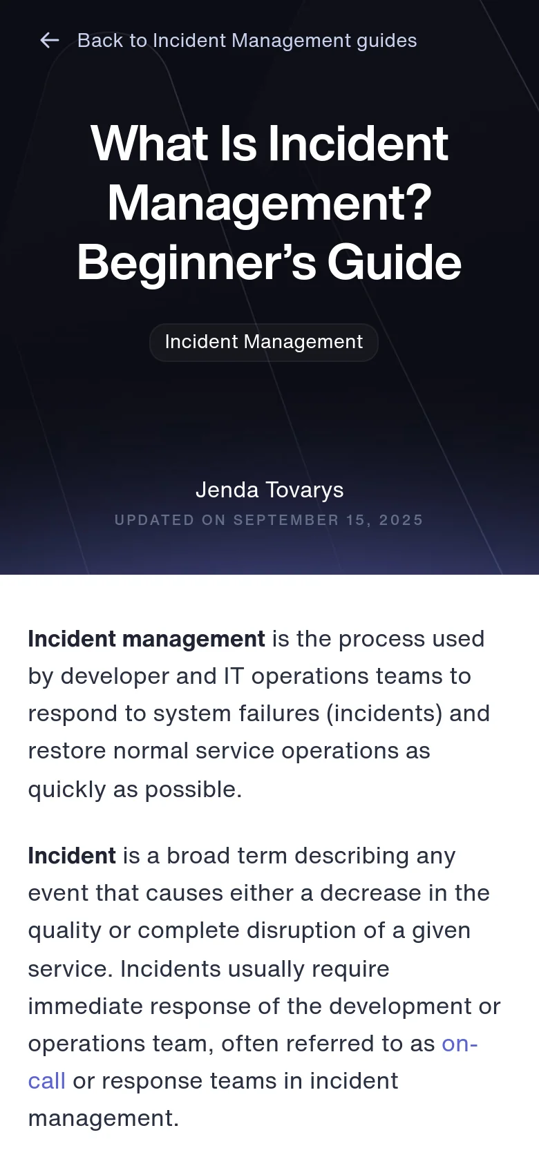 The mobile version simplifies the layout into a single vertical column, focusing on the large white headline against the dark hero background. The navigation and sidebar elements are removed or condensed to prioritize the main article text and the primary heading. The overall color scheme remains dark navy and white, optimized for vertical scrolling on a smaller screen.