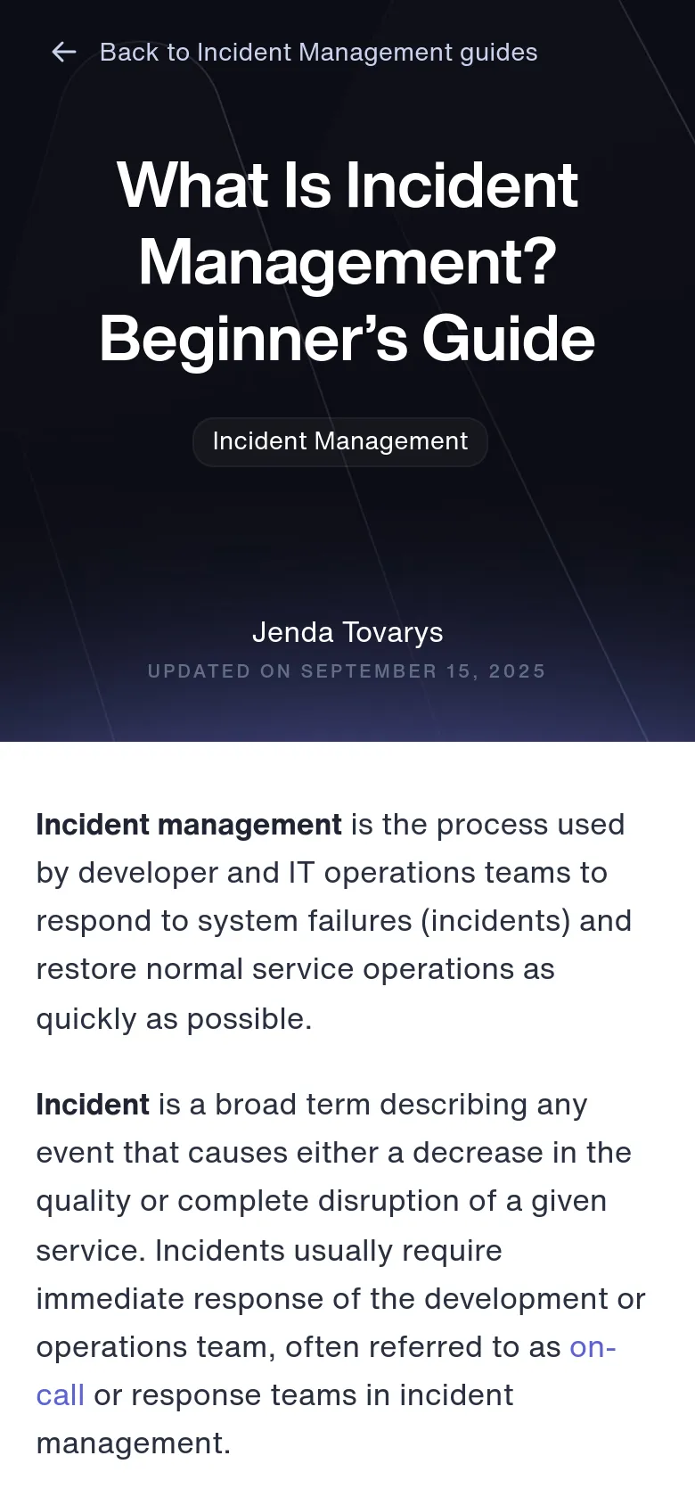 The mobile version simplifies the layout into a single vertical column, focusing on the large white headline against the dark hero background. The navigation and sidebar elements are removed or condensed to prioritize the main article text and the primary heading. The overall color scheme remains dark navy and white, optimized for vertical scrolling on a smaller screen.