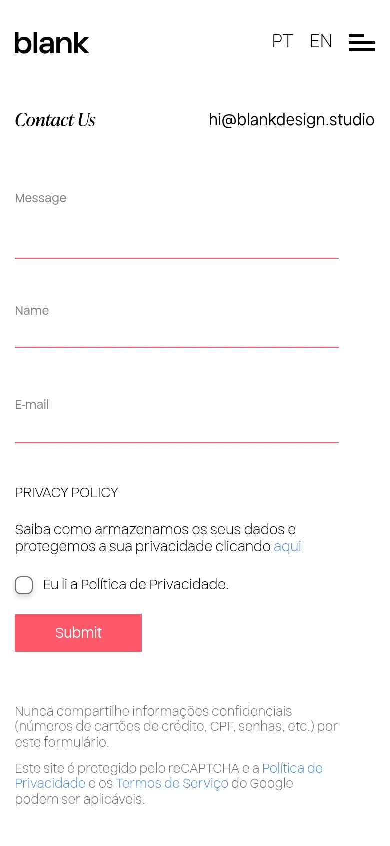 The mobile version maintains the minimalist white and black aesthetic but uses a single-column vertical layout. The 'Contact Us' heading and email address are stacked vertically at the top, followed by the contact form fields and a full-width pink 'Submit' button.