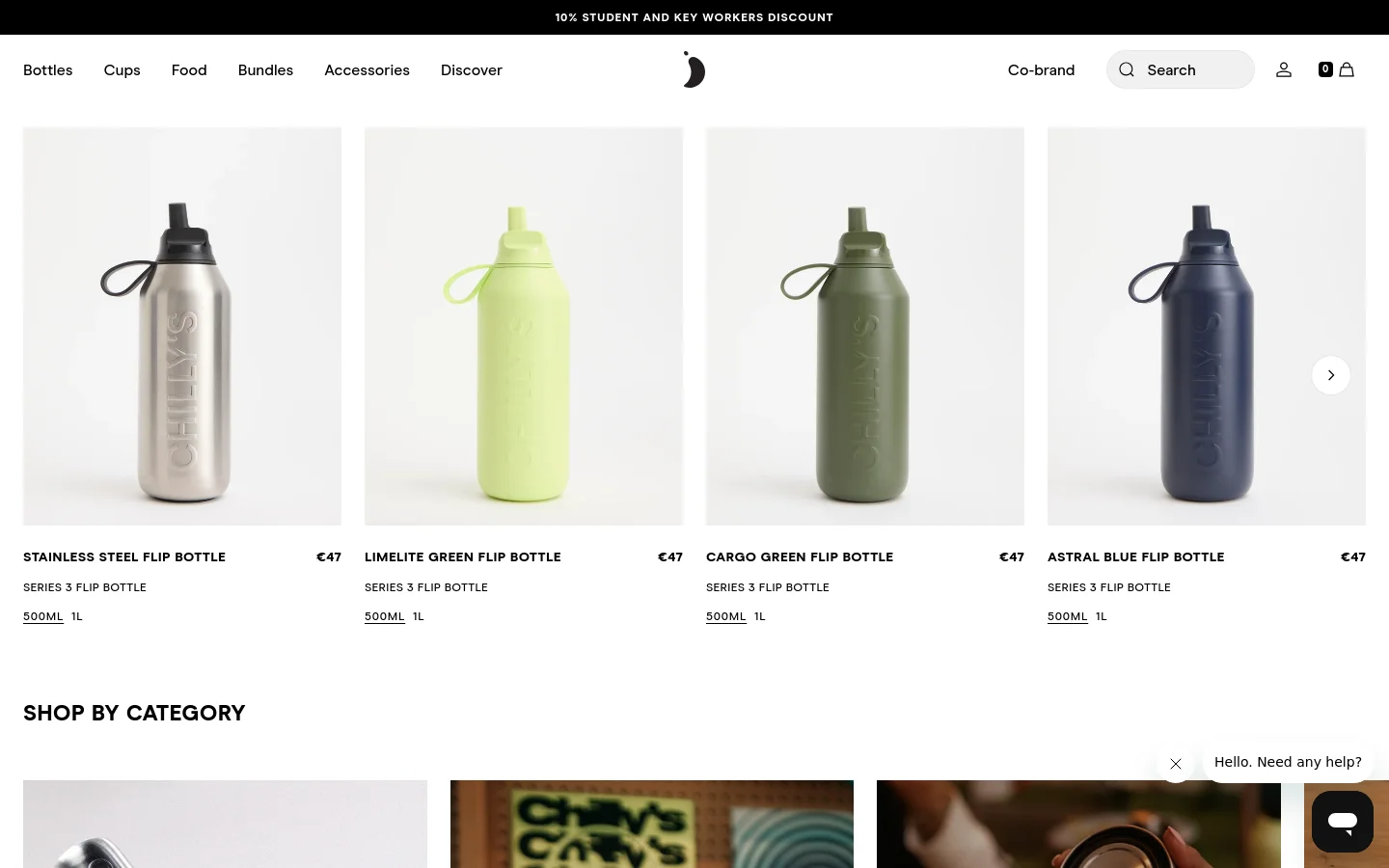 The desktop homepage features a clean, white layout with a top navigation bar including product categories and a search bar. A large hero banner displays the headline 'Find Your Flow' with a call to action to 'Shop Series 3 Flip,' followed by a grid of colorful reusable water bottles with prices and size options.