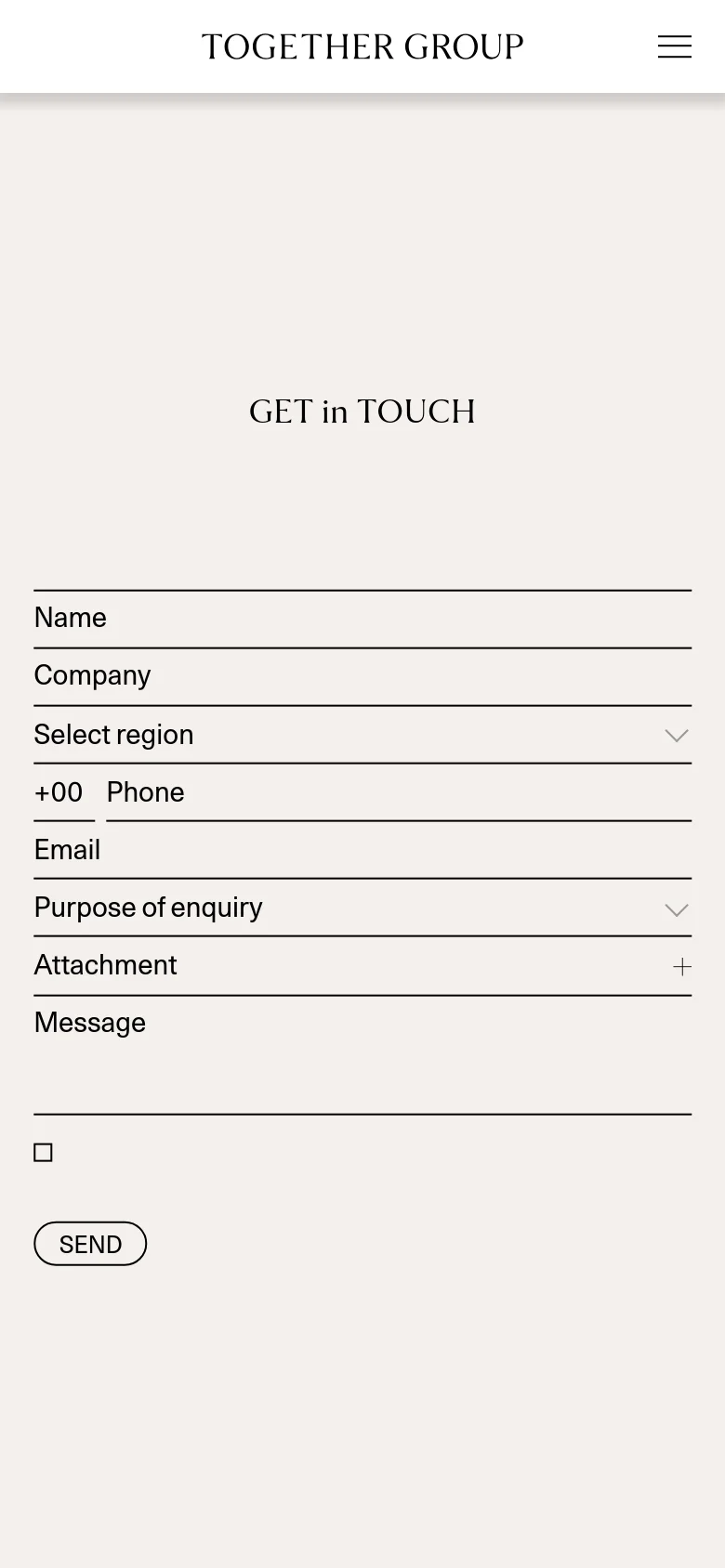 The mobile version simplifies the layout by removing the side-by-side split, placing the 'GET in TOUCH' heading and the full contact form vertically on a single light beige background. The navigation is condensed into a hamburger menu icon in the top right corner, and the large lifestyle image is not visible in this view.