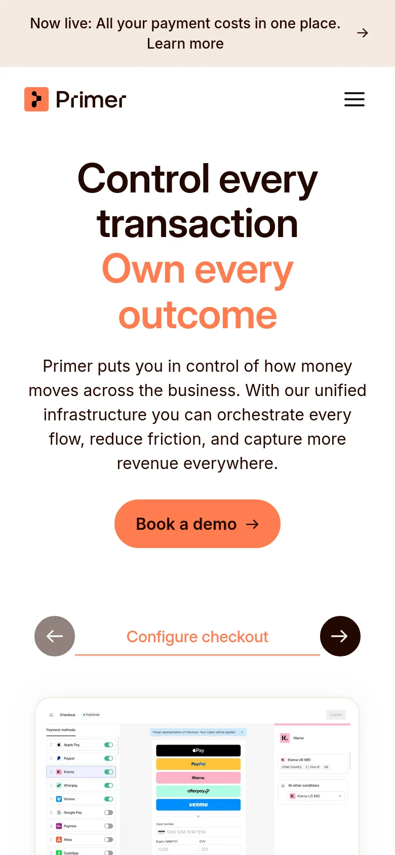 The mobile version presents a vertically stacked layout with the headline and subheadline centered at the top. The 'Book a demo' call-to-action button is large and centered, followed by a simplified view of the software interface preview. The navigation menu is condensed, and the overall design maintains the white, black, and orange color scheme for high readability on small screens.