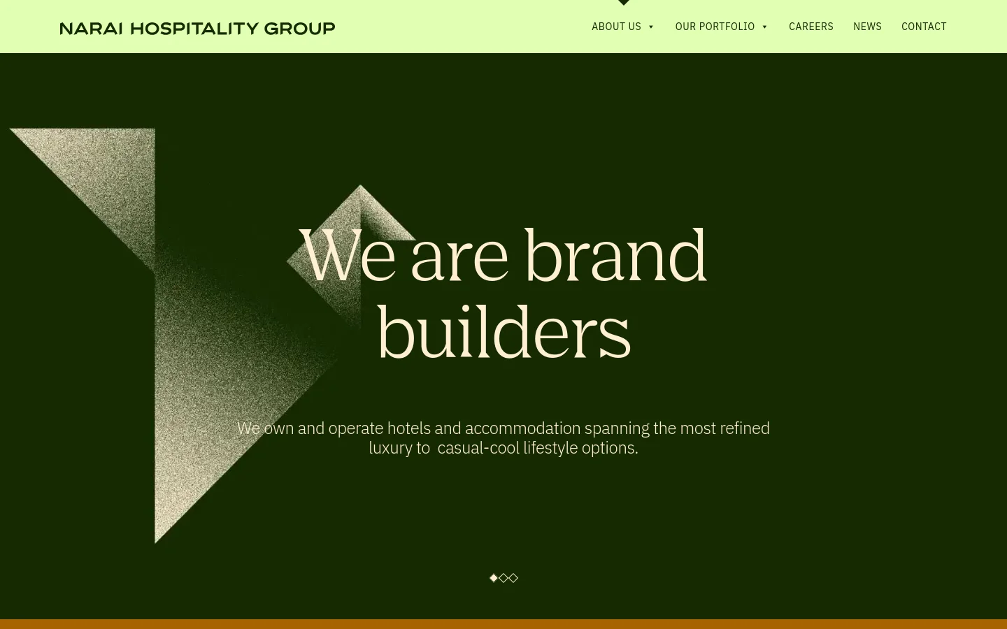 The desktop version features a dark green hero section with large white serif text reading 'We are brand builders' and a subtext description. To the left is a large, textured, light-colored abstract geometric shape, and the top navigation bar is light green with the company logo on the left and menu links on the right.