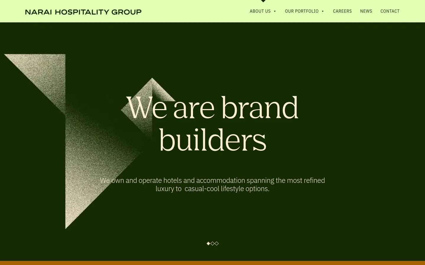 The desktop version features a dark green hero section with large white serif text reading 'We are brand builders' and a subtext description. To the left is a large, textured, light-colored abstract geometric shape, and the top navigation bar is light green with the company logo on the left and menu links on the right.