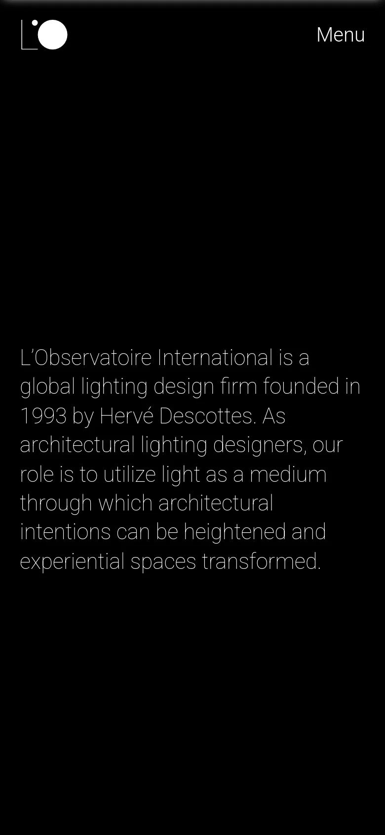 The mobile version presents a simplified, vertically stacked layout on a black background. The hero section consists of large white typography describing the firm, with the navigation condensed into a 'Menu' button in the top right corner.