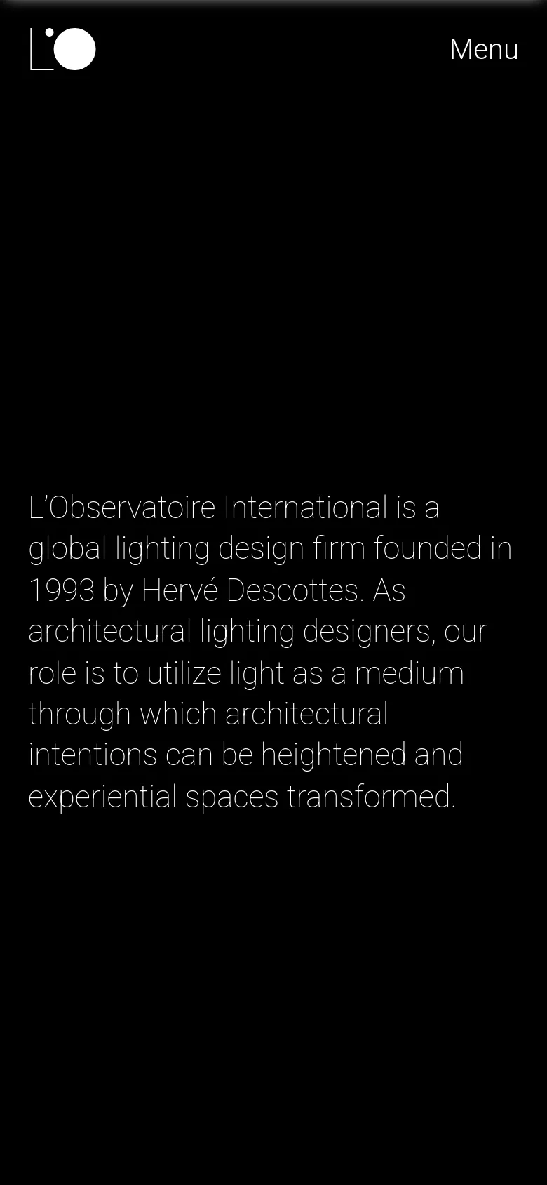 The mobile version presents a simplified, vertically stacked layout on a black background. The hero section consists of large white typography describing the firm, with the navigation condensed into a 'Menu' button in the top right corner.