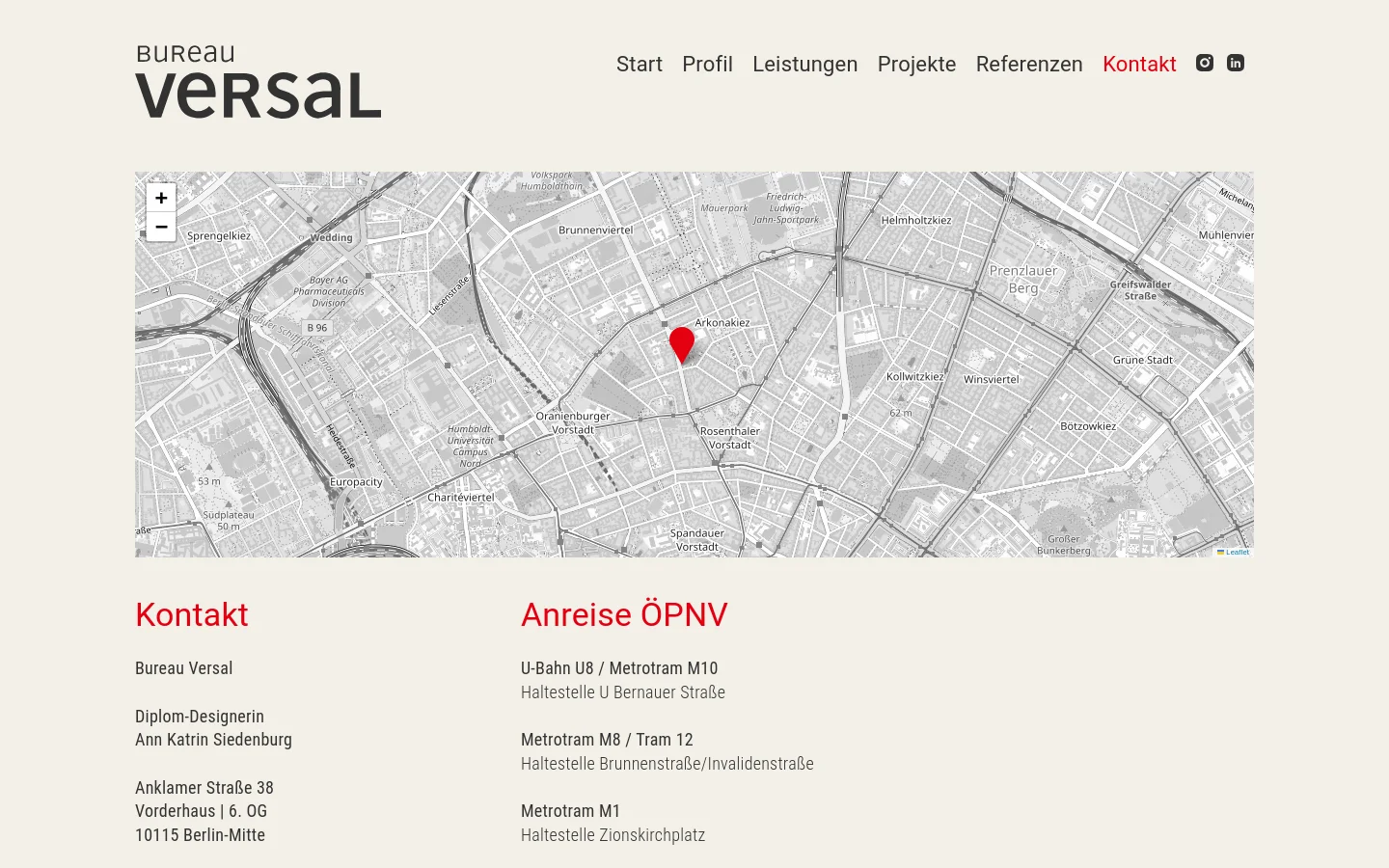 The desktop contact page features a clean, minimalist design with a white background and black typography. A large interactive map showing Berlin's Mitte district occupies the top half, with a red location pin. Below the map, two columns of red and black text provide contact details for Bureau Versal and public transport directions.