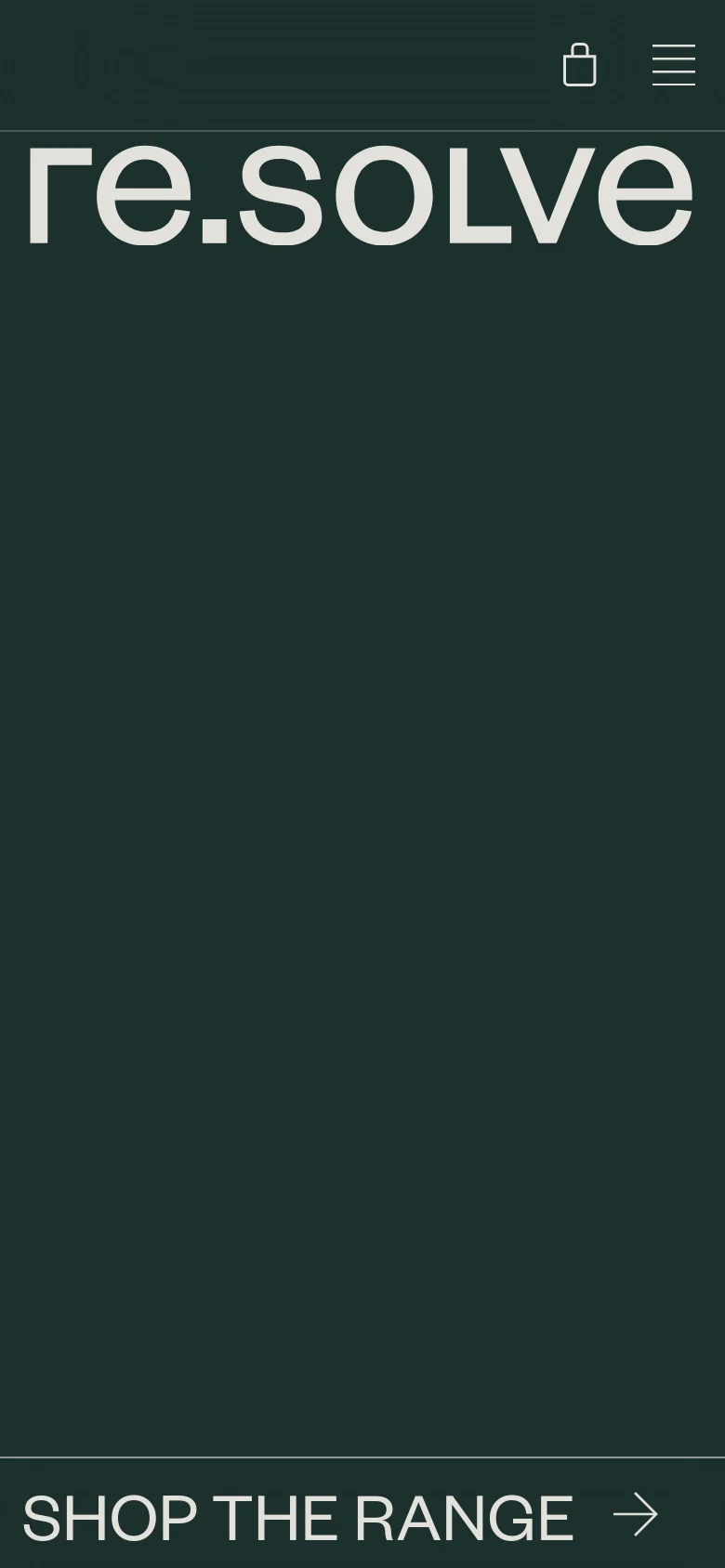 The mobile version maintains the dark charcoal background and large white 're.solve' branding but uses a hamburger menu icon for navigation. A prominent call to action, 'SHOP THE RANGE' with a right-pointing arrow, is positioned at the bottom of the screen.