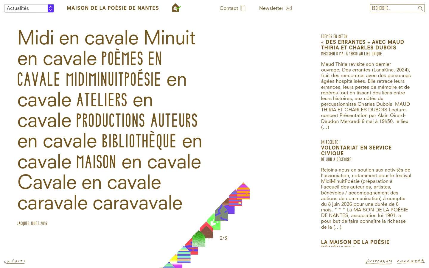 The desktop homepage features a minimalist design with large, bold black typography on a white background. A navigation menu at the top includes links like 'Maison de la Poésie de Nantes' and 'Contact,' while the main body displays oversized text headings and a two-column layout with event descriptions on the right. A colorful, abstract geometric pattern in shades of blue, purple, and orange decorates the bottom right corner.