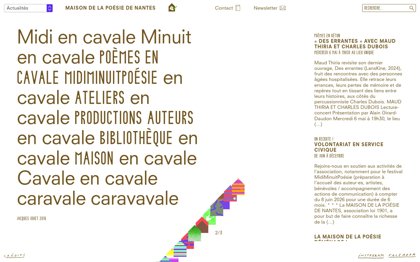 The desktop homepage features a minimalist design with large, bold black typography on a white background. A navigation menu at the top includes links like 'Maison de la Poésie de Nantes' and 'Contact,' while the main body displays oversized text headings and a two-column layout with event descriptions on the right. A colorful, abstract geometric pattern in shades of blue, purple, and orange decorates the bottom right corner.