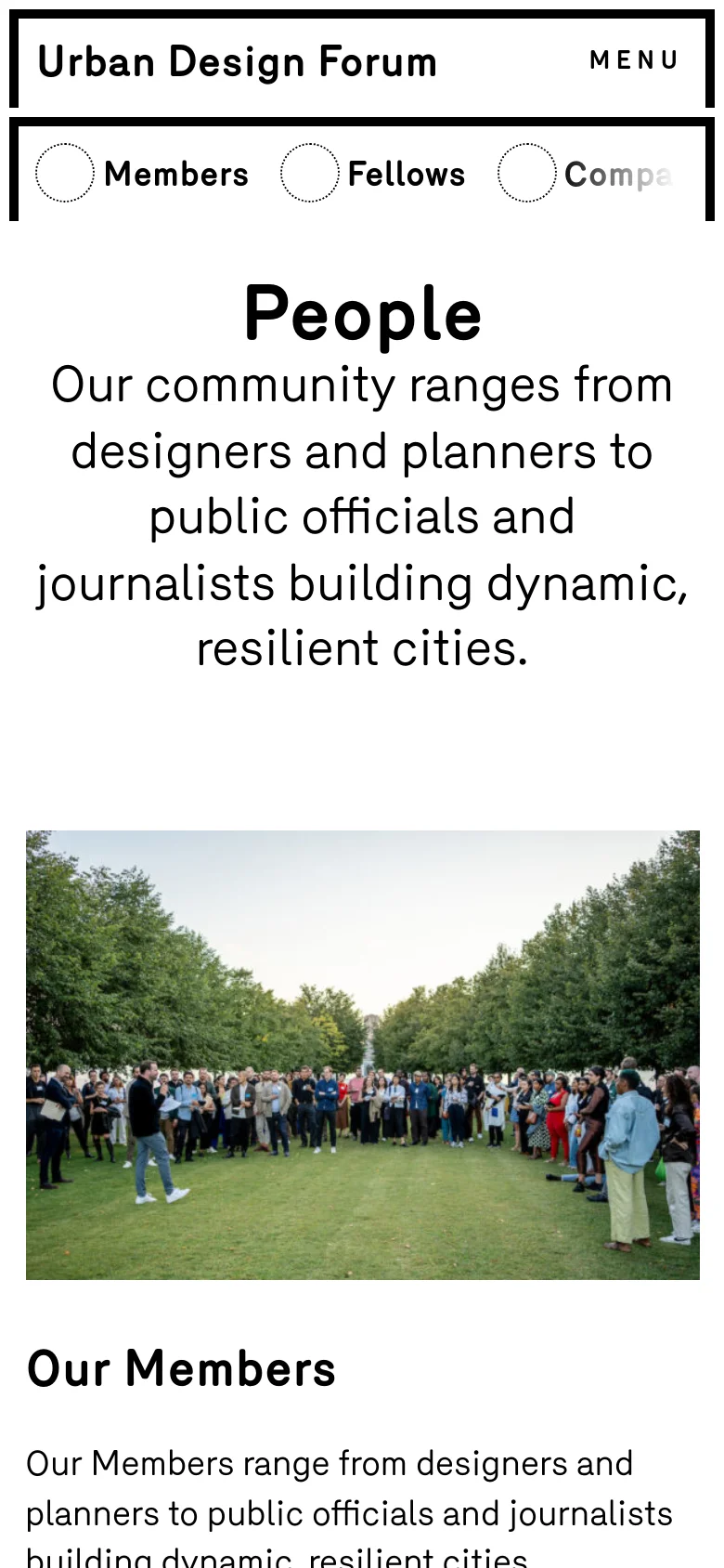 The mobile version simplifies the layout into a single-column vertical stack, focusing on large typography for the 'People' title and subheadline. The navigation is condensed into a 'MENU' button at the top right, and the content sections, such as 'Our Members,' appear as full-width images followed by text and buttons.