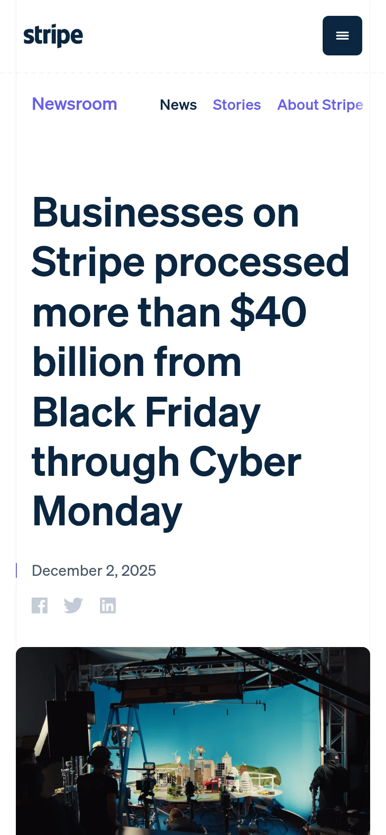 Mobile version of the Stripe Newsroom page with a simplified layout. The navigation is collapsed into a hamburger menu icon at the top right, while the large headline, date, social icons, and hero image are stacked vertically for a narrow screen.