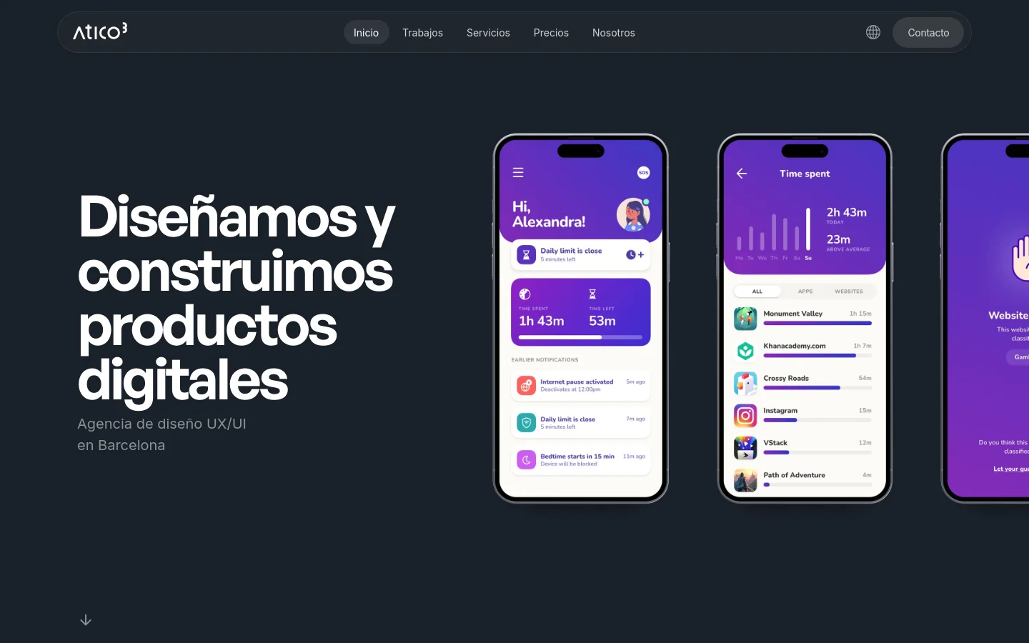 The desktop homepage features a dark theme with a clean navigation bar containing links for Inicio, Trabajos, Servicios, Precios, and Nosotros. The hero section displays a large white headline, 'Diseñamos y construimos productos digitales,' followed by a subheadline and several high-fidelity mobile app interface mockups arranged horizontally. A subtle downward arrow at the bottom left indicates more content below.