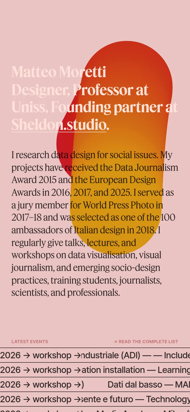 The mobile version maintains the pink background and serif typography but transitions to a single-column vertical layout. The large purple organic shape is repositioned to sit behind the text, and the 'Latest Events' list is stacked vertically for easier scrolling on a smaller screen.