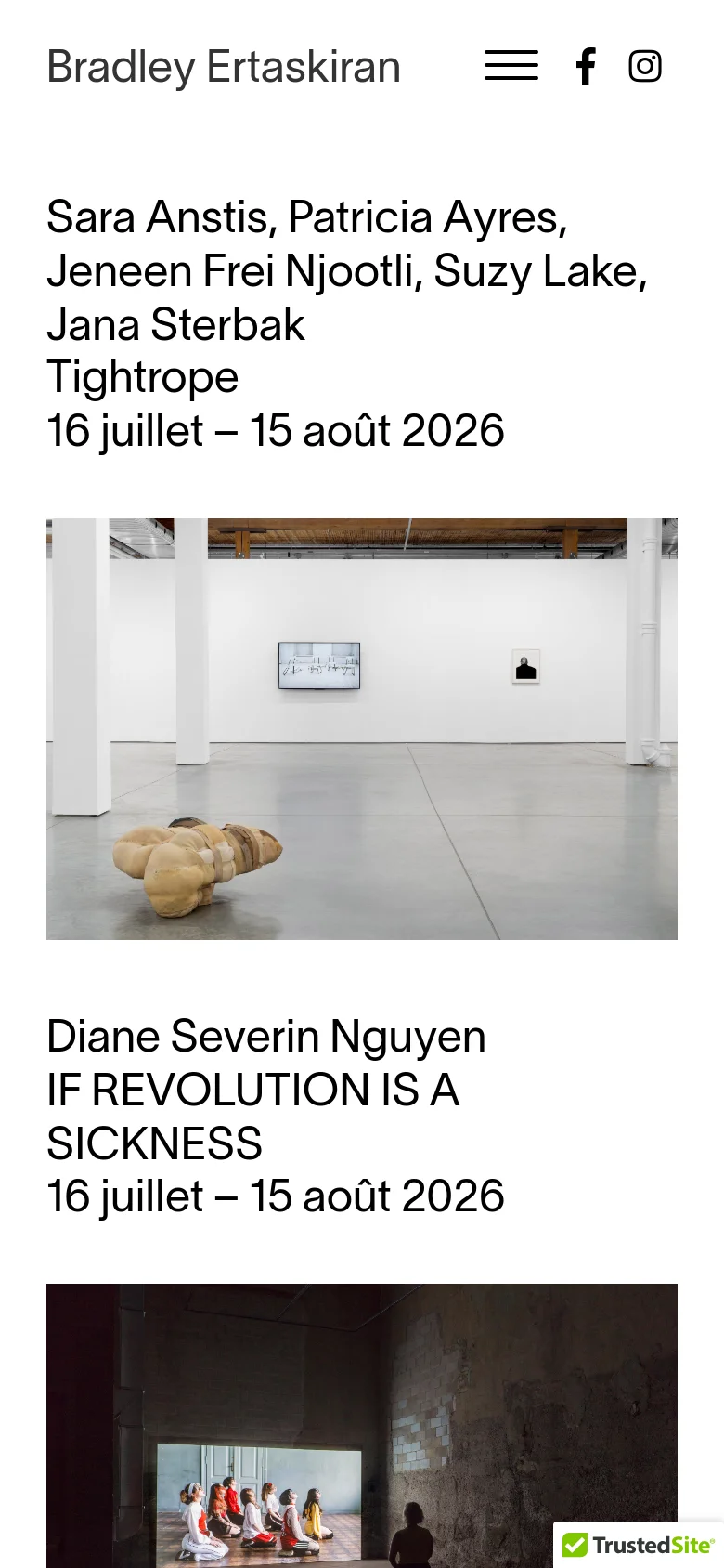 The mobile version features a simplified layout with the gallery name at the top and a hamburger menu icon next to social media links. The sidebar navigation is removed, and the exhibition content is stacked vertically, displaying large headings, dates, and full-width images of the artworks for easy scrolling.
