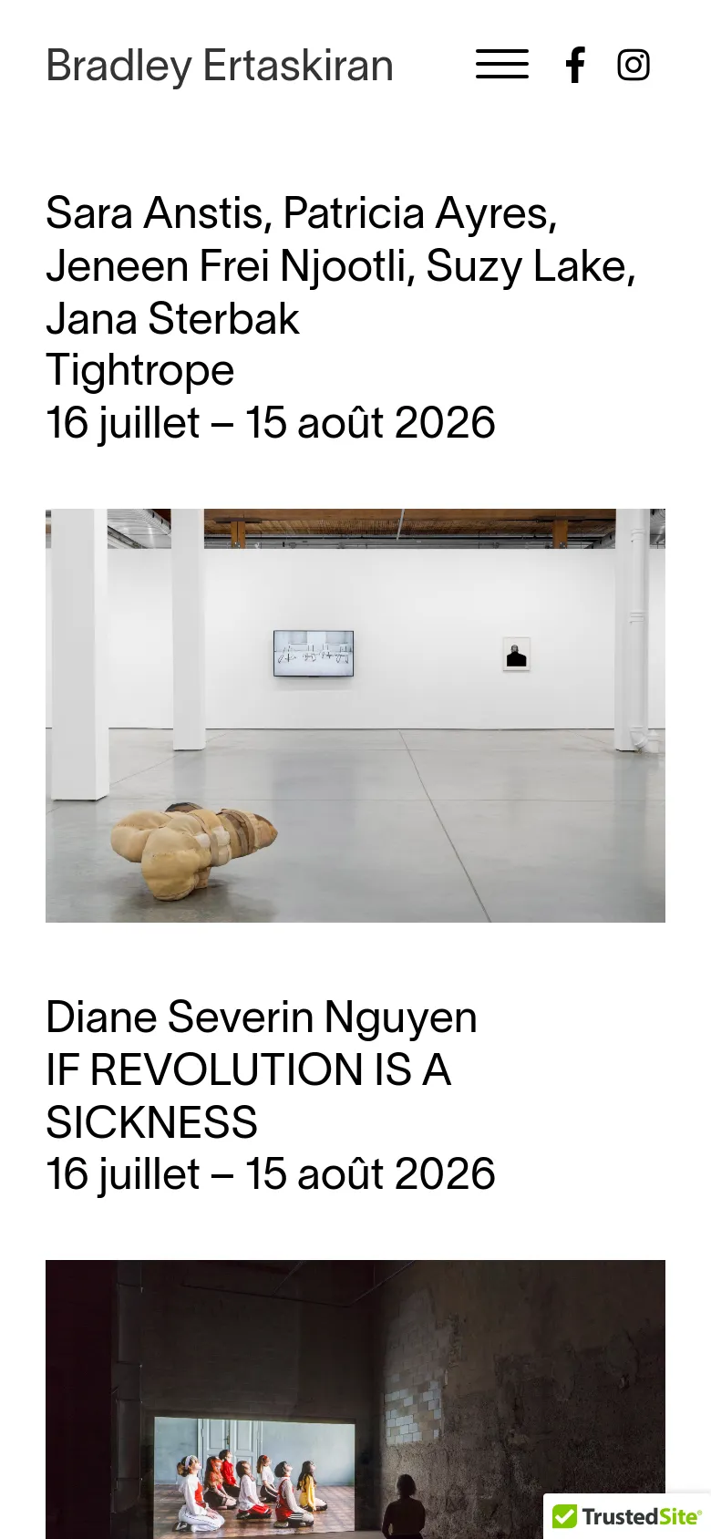 The mobile version features a simplified layout with the gallery name at the top and a hamburger menu icon next to social media links. The sidebar navigation is removed, and the exhibition content is stacked vertically, displaying large headings, dates, and full-width images of the artworks for easy scrolling.