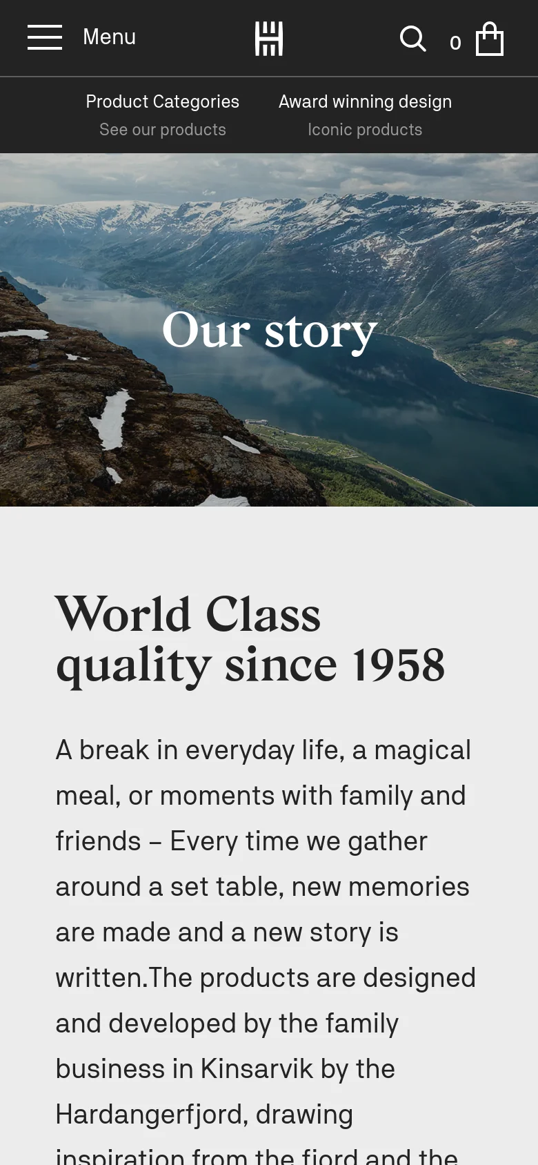 The mobile version maintains the scenic fjord hero image and white background but stacks the content vertically into a single column. The navigation menu is condensed into a hamburger icon, and text blocks are narrower to fit the mobile screen width.